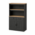 Aparador Alto em MDF Preto e Carvalho Natural, 80 x 40 x 140 cm, com 2 Portas, 2 Gavetas e Prateleiras