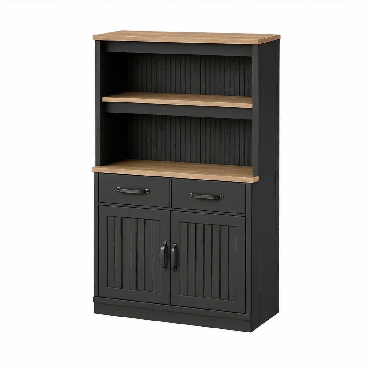 Aparador Alto em MDF Preto e Carvalho Natural, 80 x 40 x 140 cm, com 2 Portas, 2 Gavetas e Prateleiras