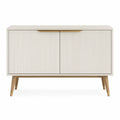 Aparador 120 x 40 x 80 cm em MDF Branco com Pés em Madeira Natural e Detalhes Dourados