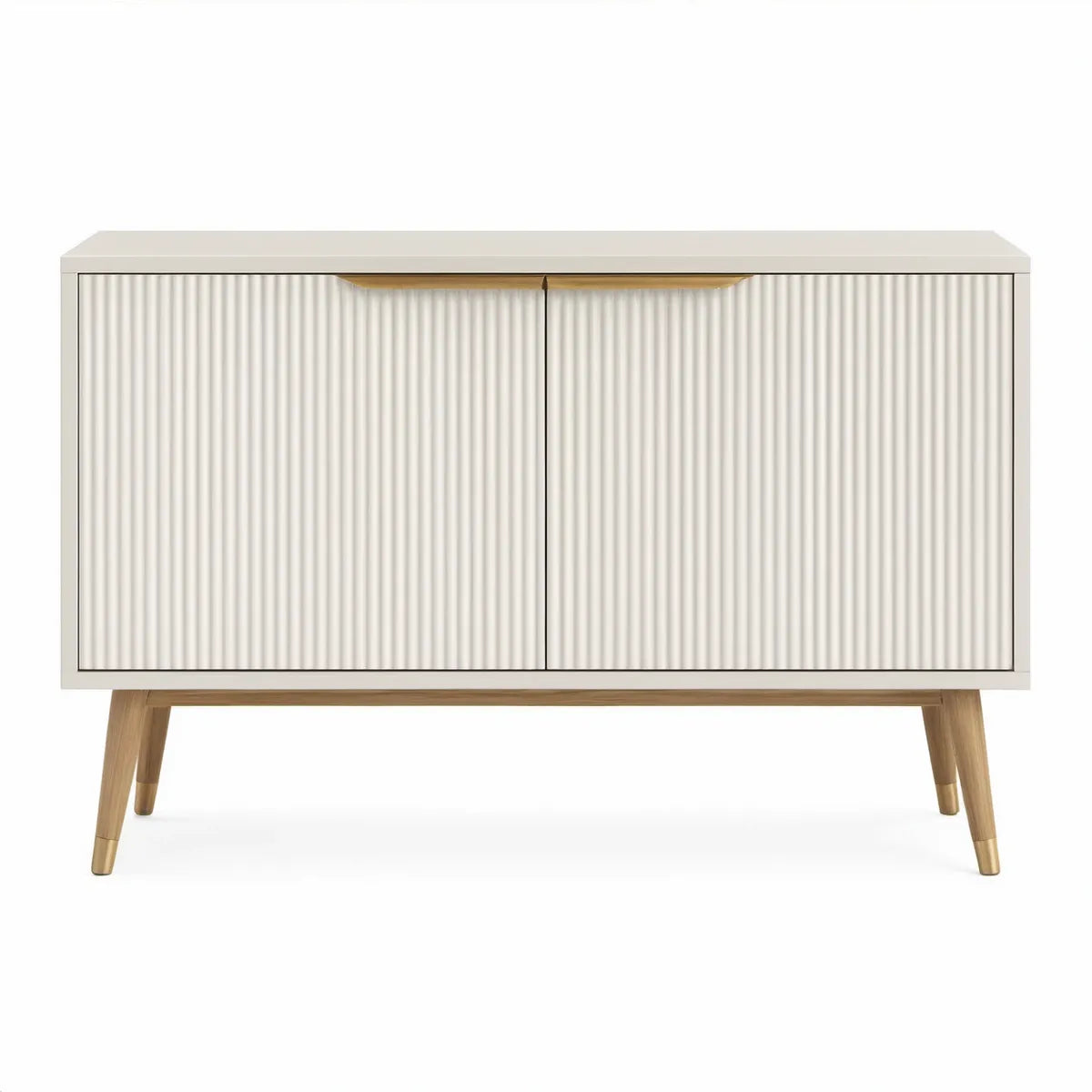Aparador 120 x 40 x 80 cm em MDF Branco com Pés em Madeira Natural e Detalhes Dourados