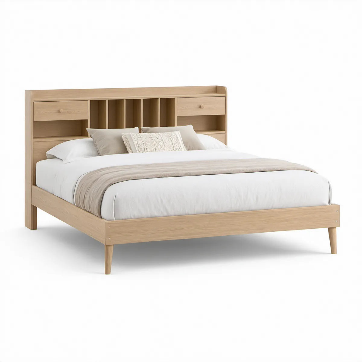 Cama de Casal em Carvalho Natural com Cabeceira de Arrumação, 160 x 200 cm
