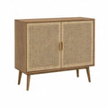 Aparador Retangular de 2 Portas em MDF com Folheado de Nogueira e Rotim Natural, 90 x 40 x 90 cm