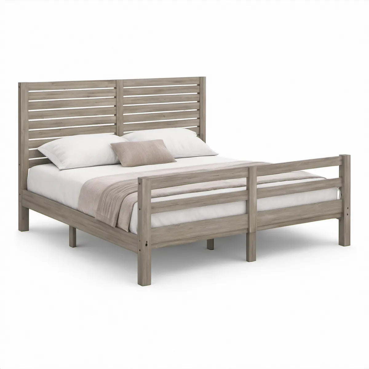 Cama de Casal em Madeira Maciça de Pinho Cinzento 160 x 200 cm com Cabeceira de Ripas