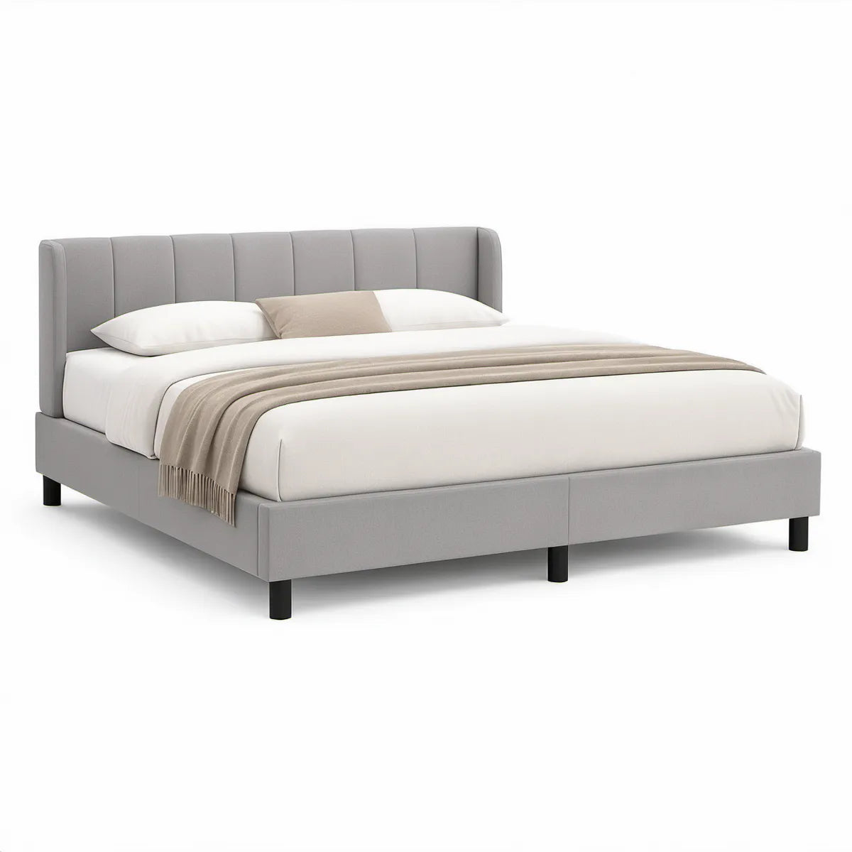 Cama de Casal Estofada Cinzenta 160 x 200 cm com Cabeceira Curva