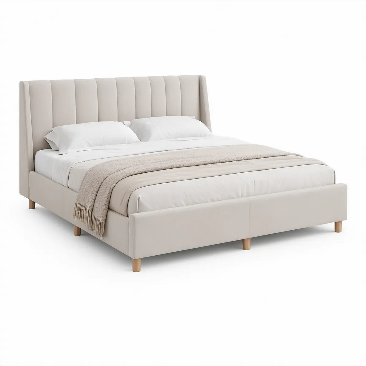Cama de Casal Estofada Bege 160 x 200 cm com Cabeceira Alta Acolchoada